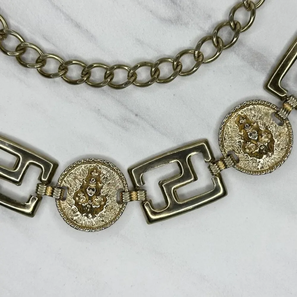 Vintage Gold Tone Greek Key Lion Head Medallion Chain Link Belt Small S Medium M